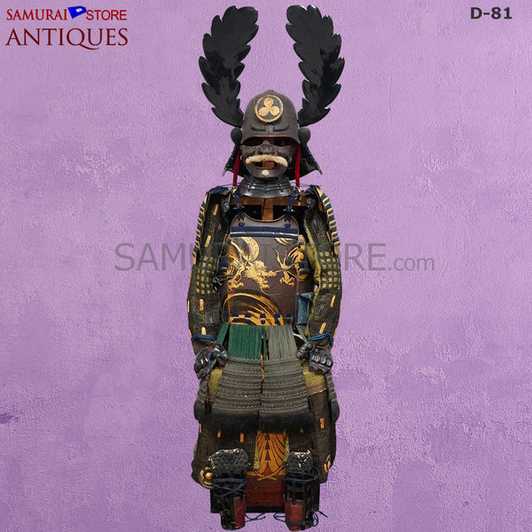 D81 Antique Samurai Armor Dragon Makie & Great horns w/ Certificate