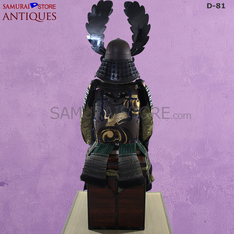 D81 Antique Samurai Armor Dragon Makie & Great horns w/ Certificate