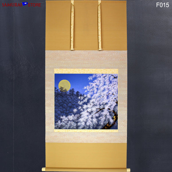 Hanging Scroll Painting SAKURA Cherries at Moony Evening  - Kakejiku F015 - SAMURAI STORE