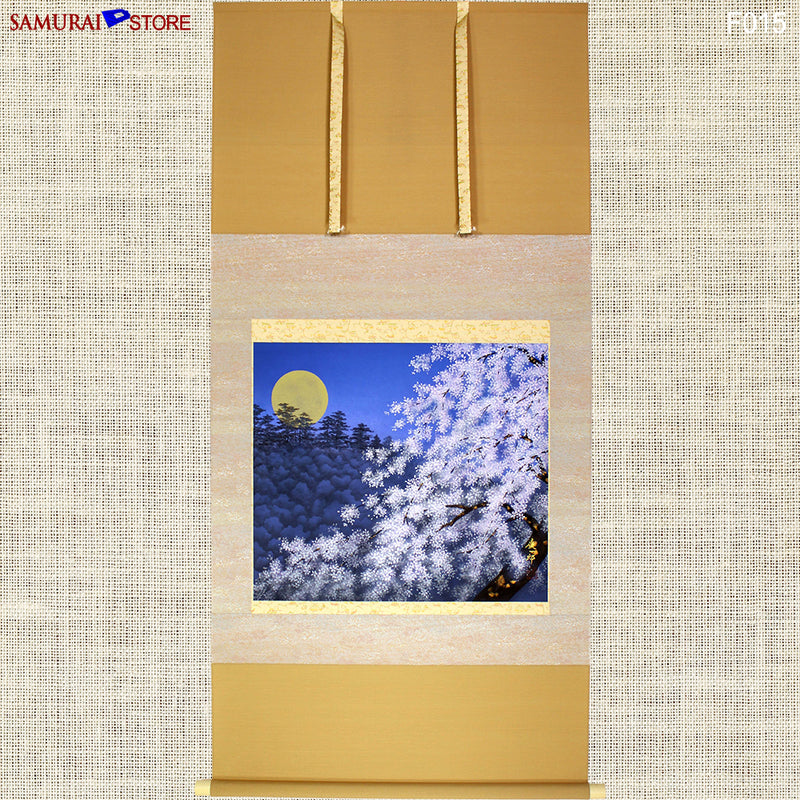 Hanging Scroll Painting SAKURA Cherries at Moony Evening  - Kakejiku F015 - SAMURAI STORE