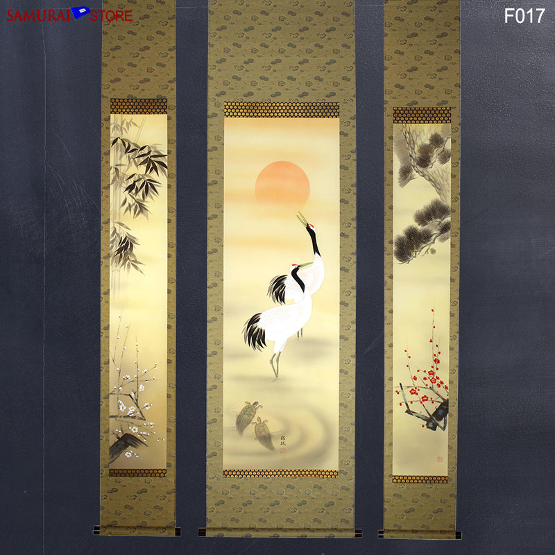 Set of 3 Hanging Scrolls Painting Pine Bamboo Plum Trees Cranes Turtles  - Kakejiku F017 - SAMURAI STORE