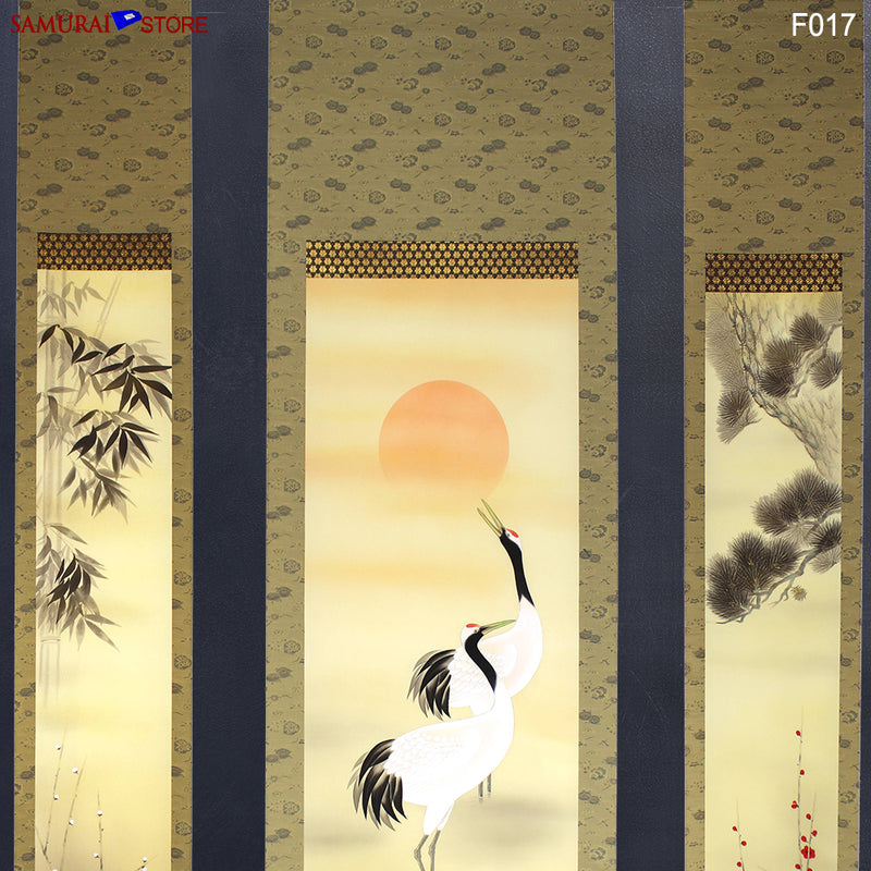 Set of 3 Hanging Scrolls Painting Pine Bamboo Plum Trees Cranes Turtles  - Kakejiku F017 - SAMURAI STORE