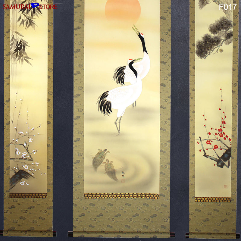 Set of 3 Hanging Scrolls Painting Pine Bamboo Plum Trees Cranes Turtles  - Kakejiku F017 - SAMURAI STORE